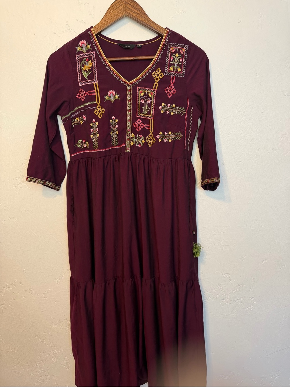 Embroidered Maxi Dress in Deep Burgundy - Women's V-Neck Boho Style